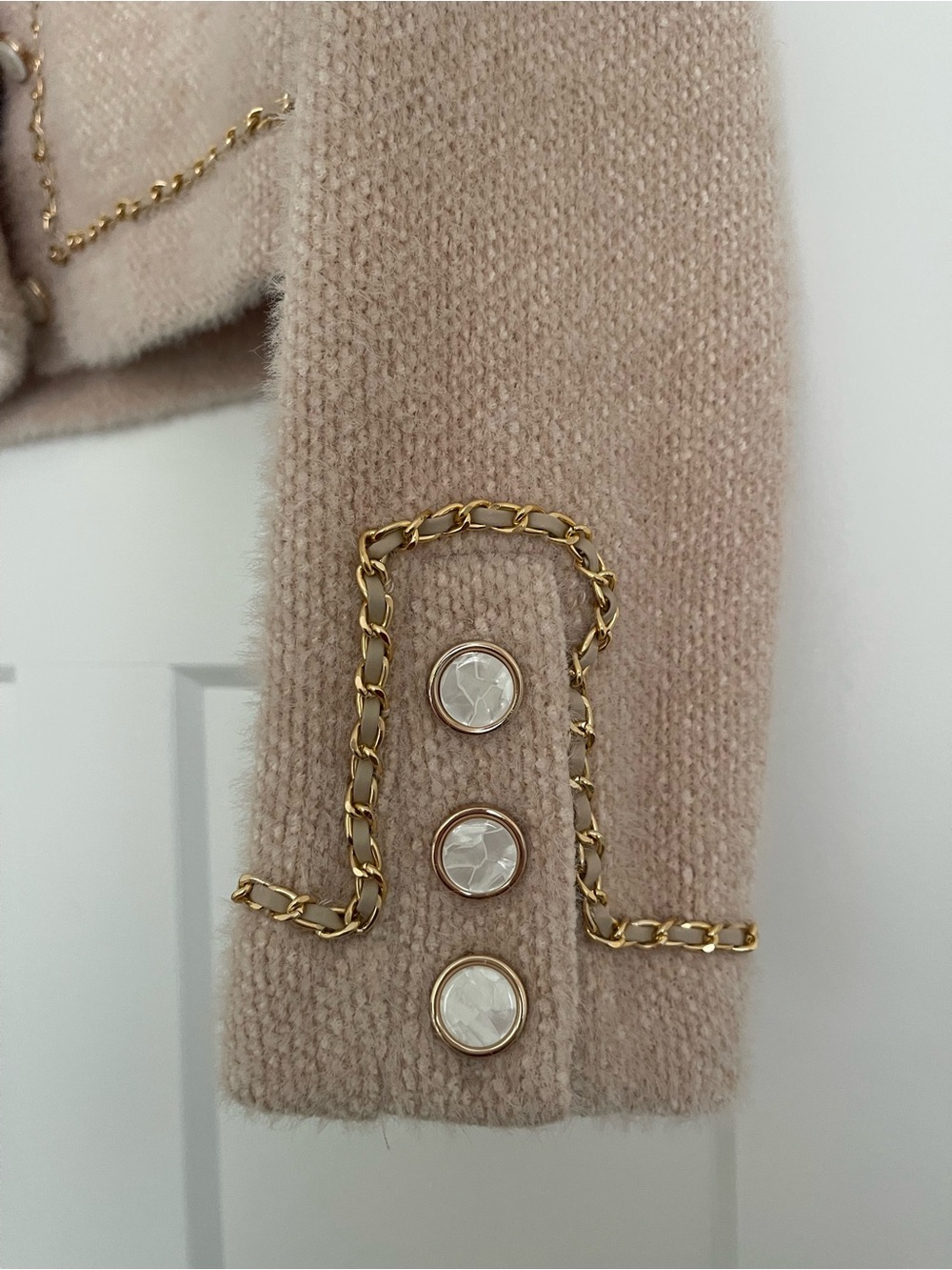 New Endless Rose Cropped Bouclé Jacket in Blush Chain Trim